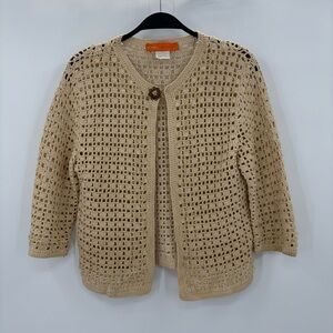 Chunky Beaded Crochet Cardigan Boho Open Knit Coastal Granda Rhinestone Button